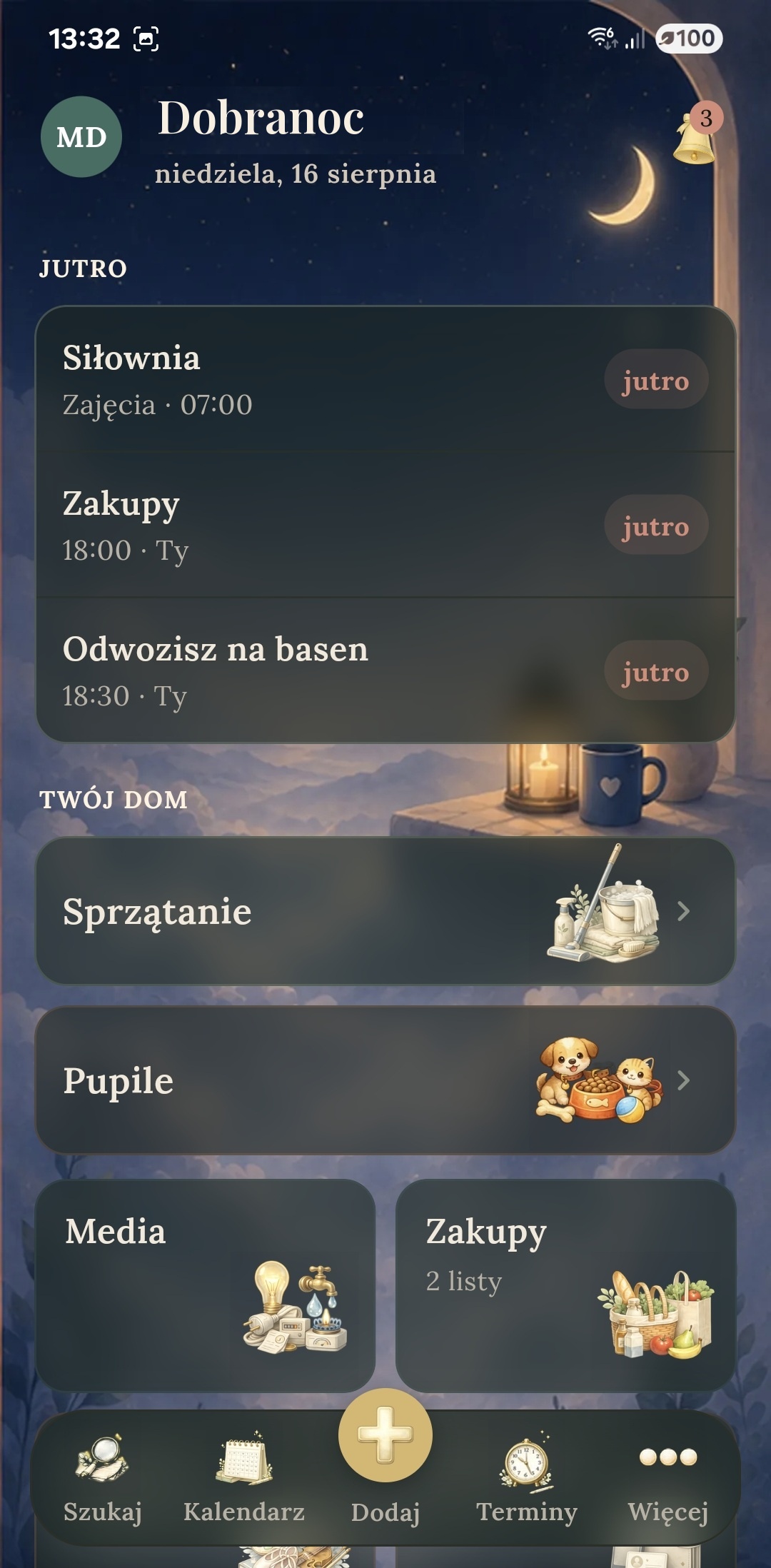 Pulpit domowy nocą: plan na jutro i moduły domu