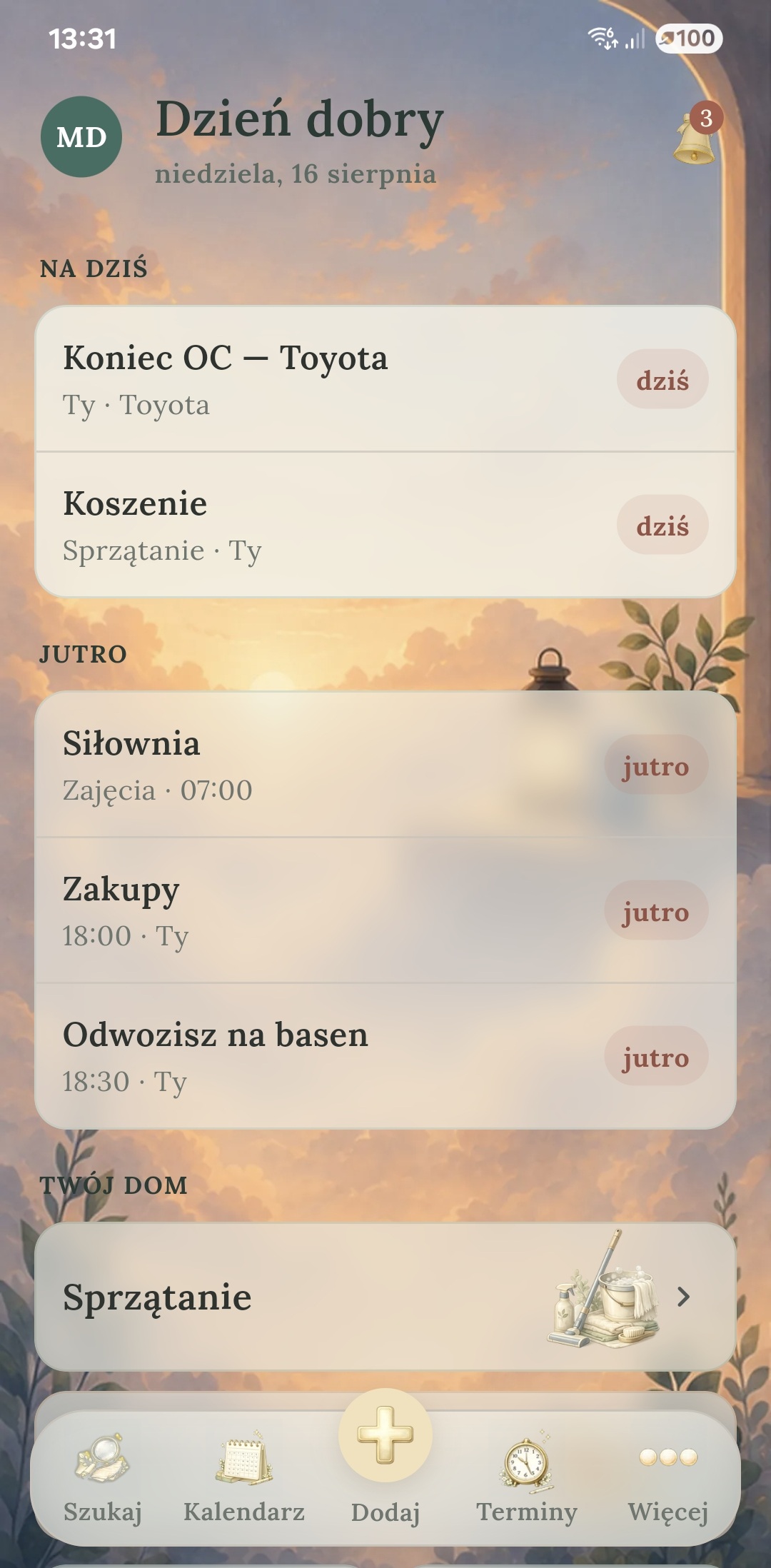 Pulpit domowy o poranku: sekcje Na dziś i Jutro